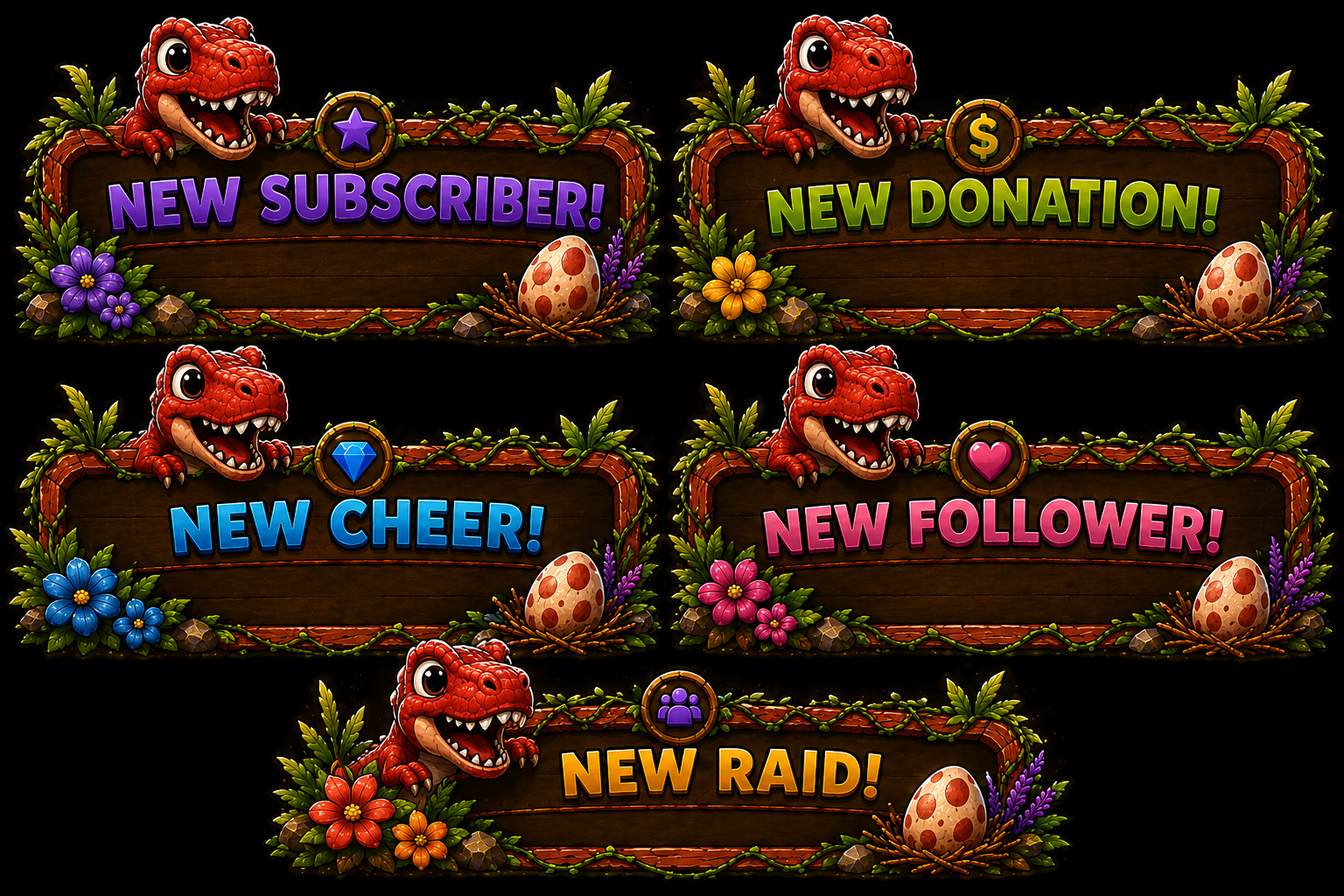 Red Tyrannosaurus Rex Stream Overlay Package | Kawaii Dino Emotes, Sub Badges (Digital Download)
