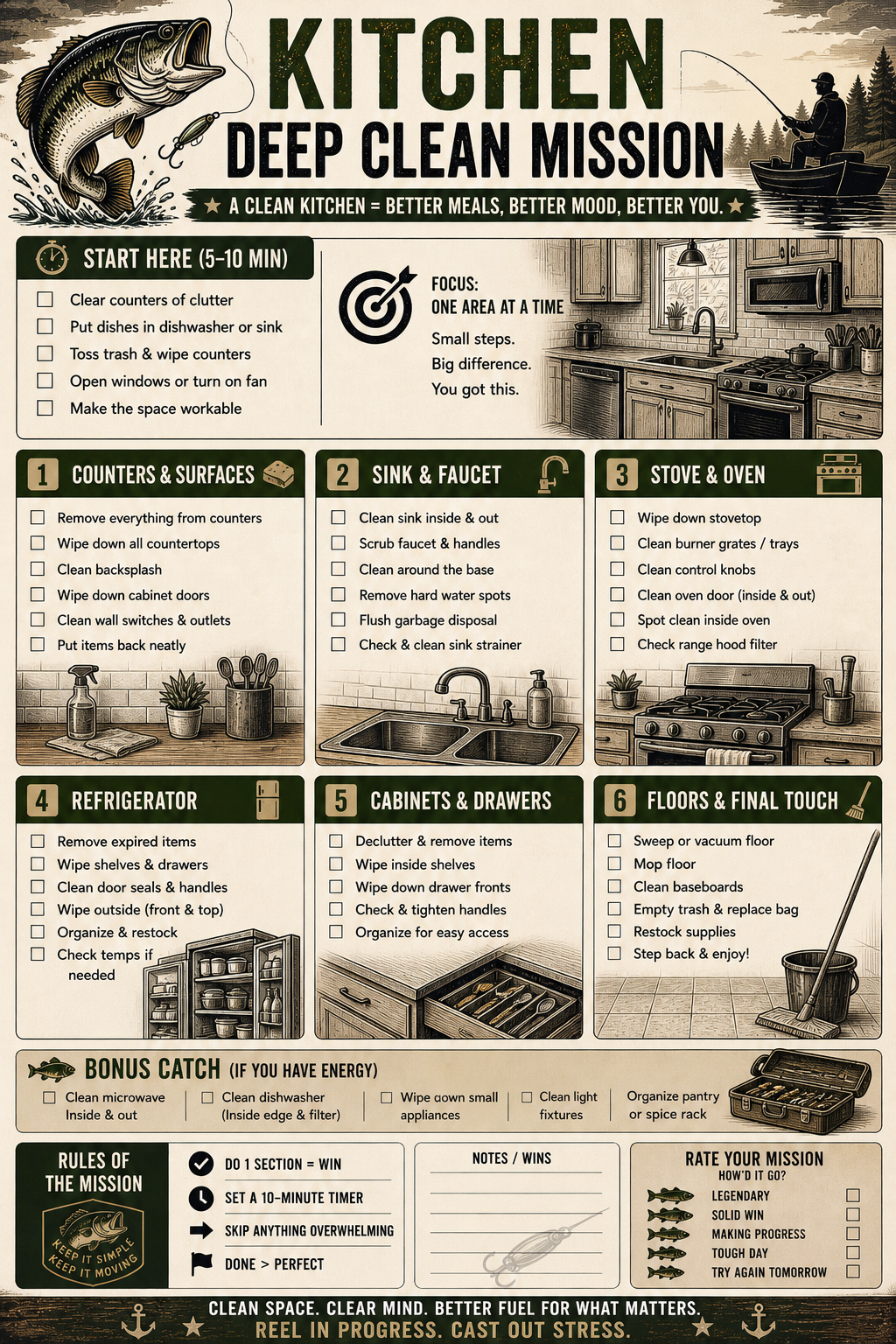 ADHD Cleaning Planner for Men | Fishing Theme Cleaning Checklist Bundle | Deep Clean System | Printable Home Reset Planner | Minimal Effort System