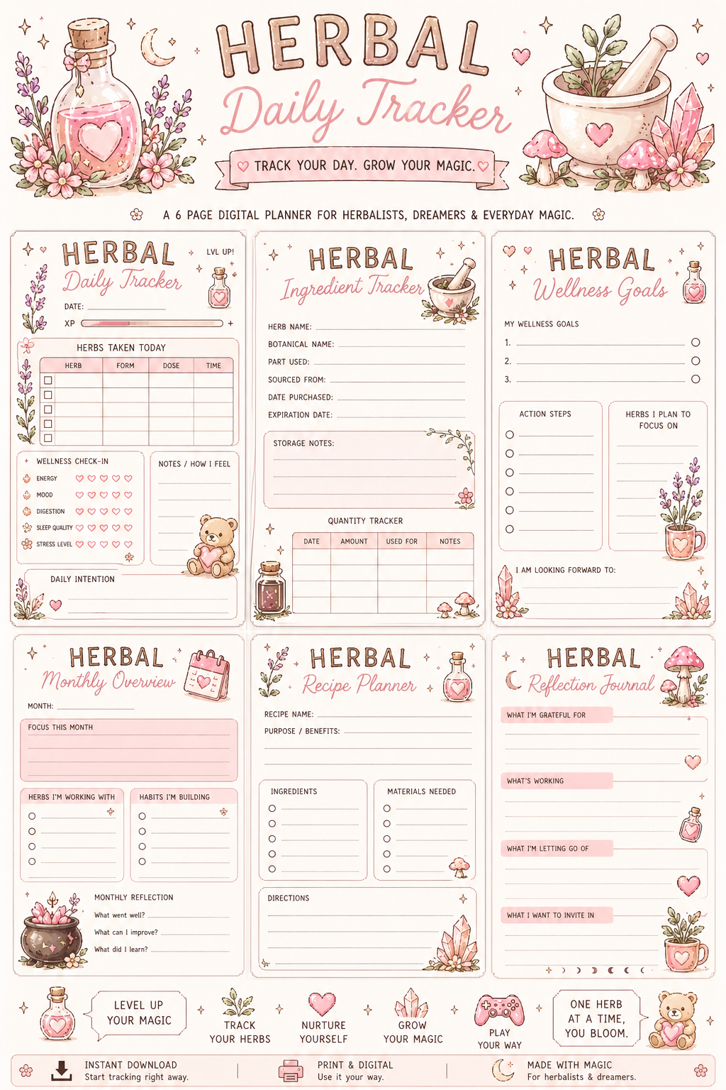 Pastel Herbal Wellness Planner Bundle | Cute Cottagecore Self-Care Journal | Printable Daily Tracker | Wellness & Reflection Pages