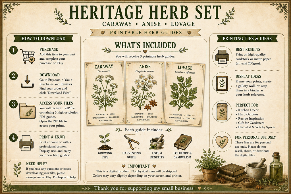 Heritage Herb Set | Caraway, Anise & Lovage | Traditional Herb Reference Printable Collection