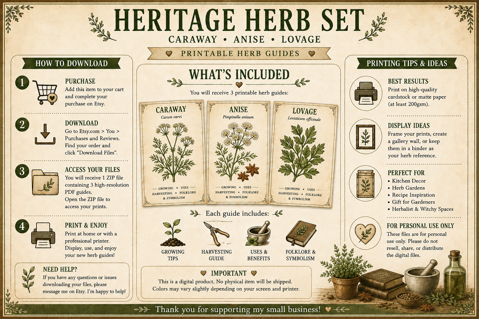 Heritage Herb Set | Caraway, Anise & Lovage | Traditional Herb Reference Printable Collection
