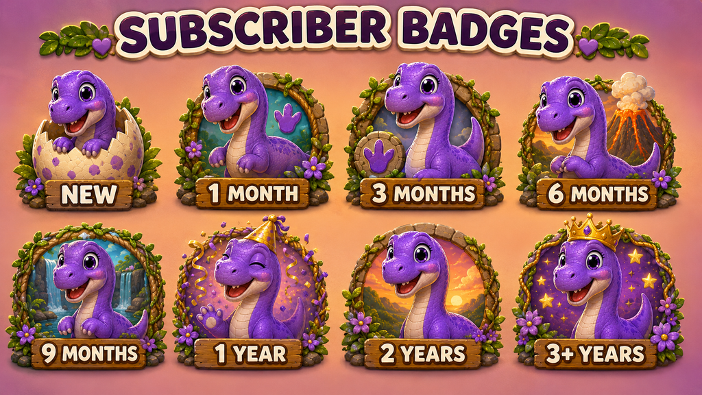 Purple Brontosaurus Stream Overlay Package | Kawaii Dino Emotes, Sub Badges (Digital Download)