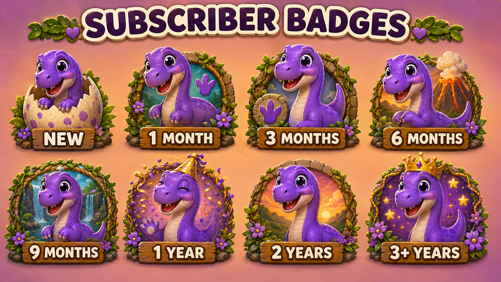 Purple Brontosaurus Stream Overlay Package | Kawaii Dino Emotes, Sub Badges (Digital Download)