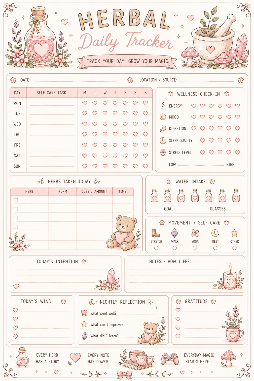 Pastel Herbal Wellness Planner Bundle | Cute Cottagecore Self-Care Journal | Printable Daily Tracker | Wellness & Reflection Pages