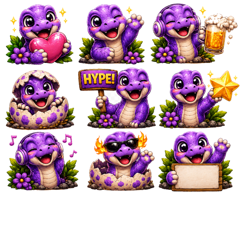 Purple Brontosaurus Stream Overlay Package | Kawaii Dino Emotes, Sub Badges (Digital Download)