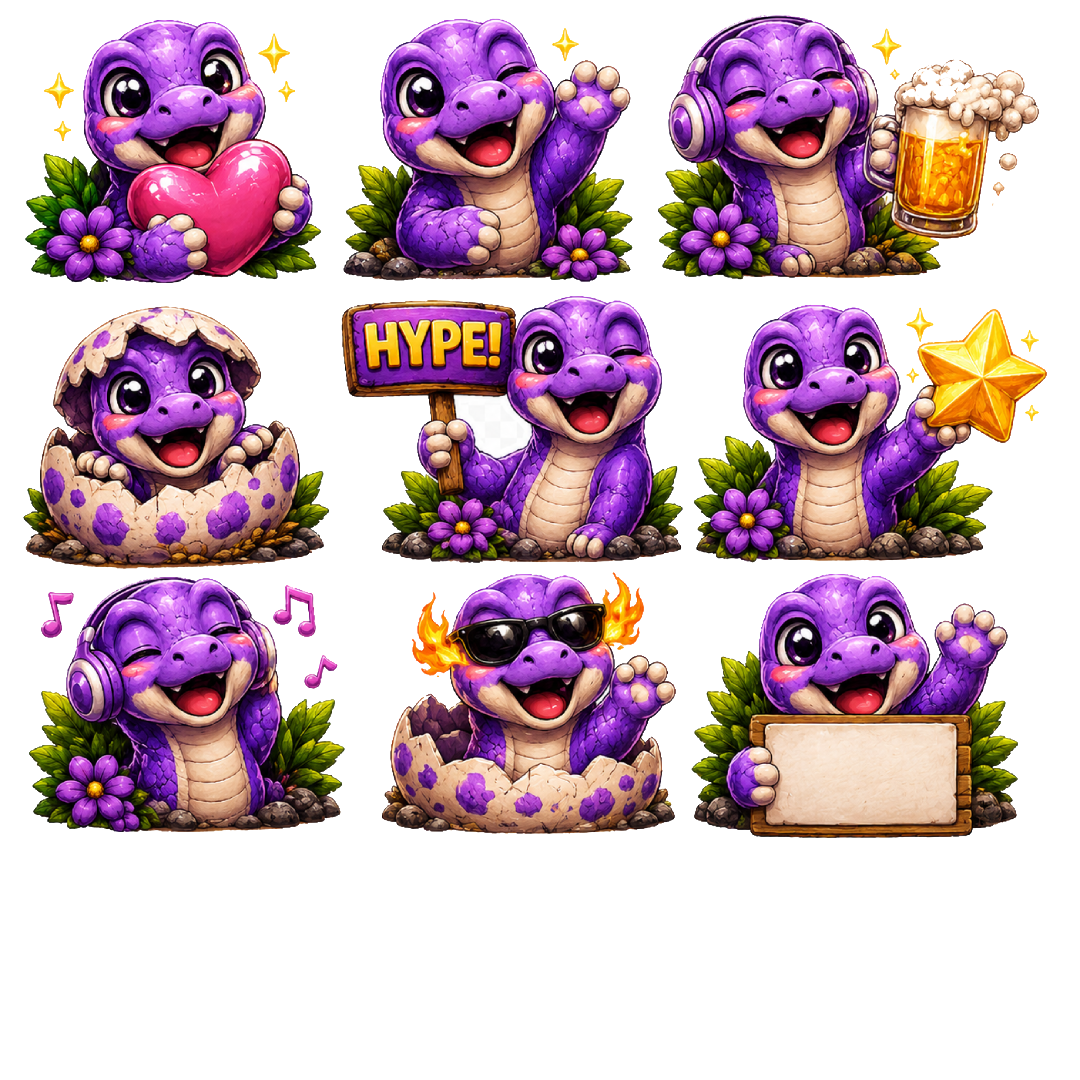 Purple Brontosaurus Stream Overlay Package | Kawaii Dino Emotes, Sub Badges (Digital Download)