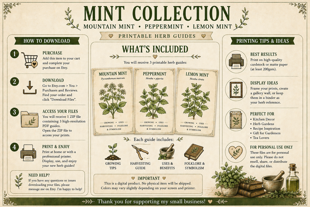 Mint Collection Botanical Guides | Mountain Mint, Peppermint & Lemon Mint | Herbal Garden Printable Bundle