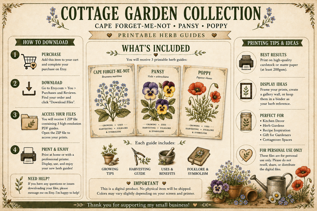 Cottage Garden Collection | Pansy, Poppy & Cape Forget-Me-Not | Botanical Flower Guide Bundle