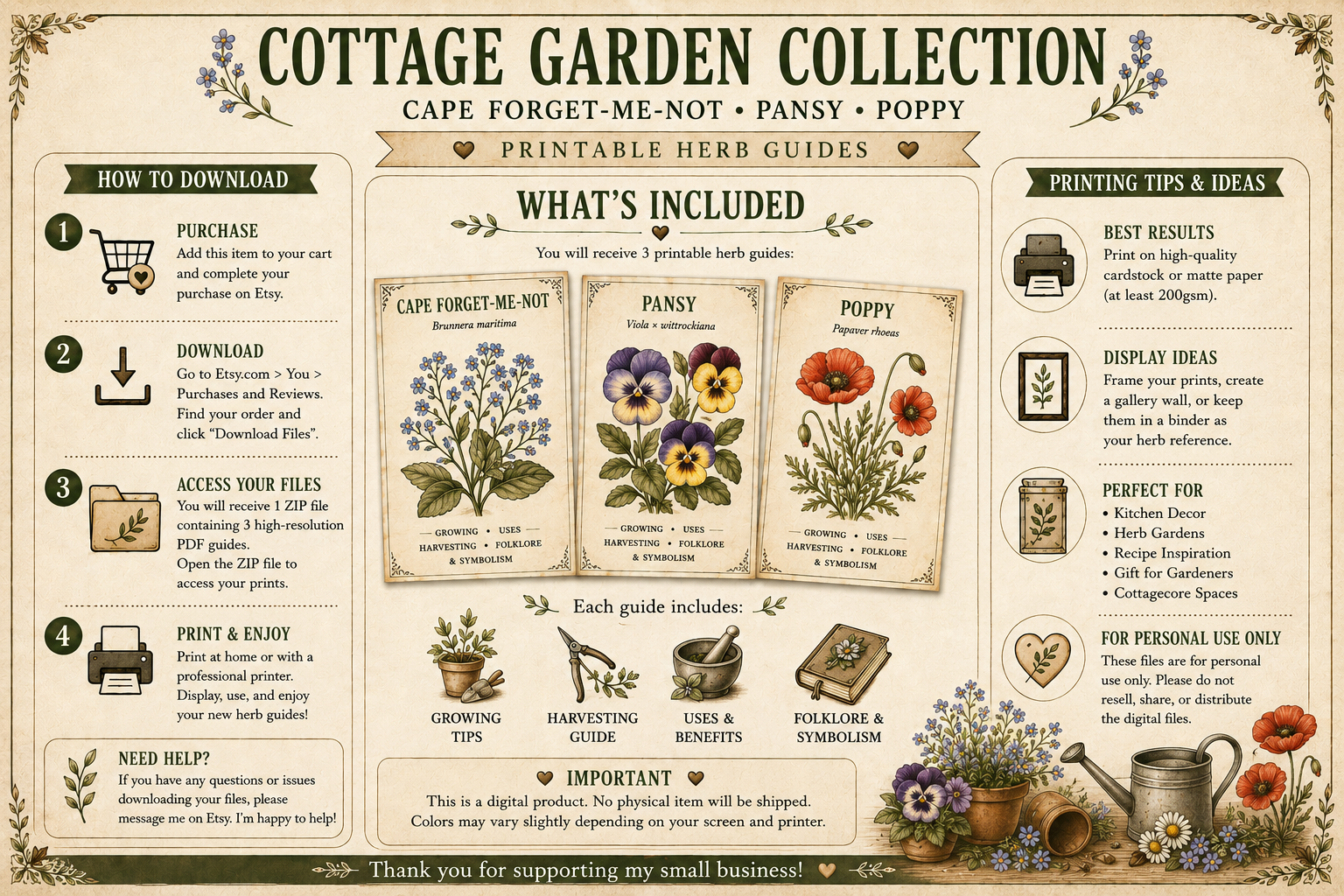 Cottage Garden Collection | Pansy, Poppy & Cape Forget-Me-Not | Botanical Flower Guide Bundle