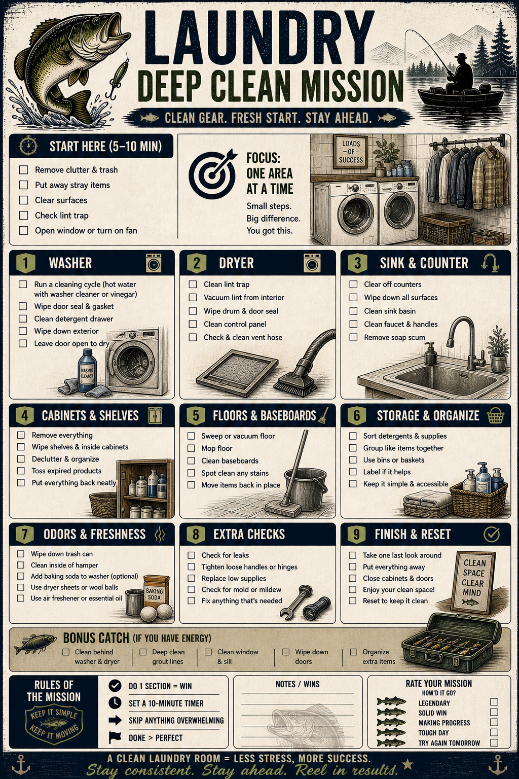 ADHD Cleaning Planner for Men | Fishing Theme Cleaning Checklist Bundle | Deep Clean System | Printable Home Reset Planner | Minimal Effort System