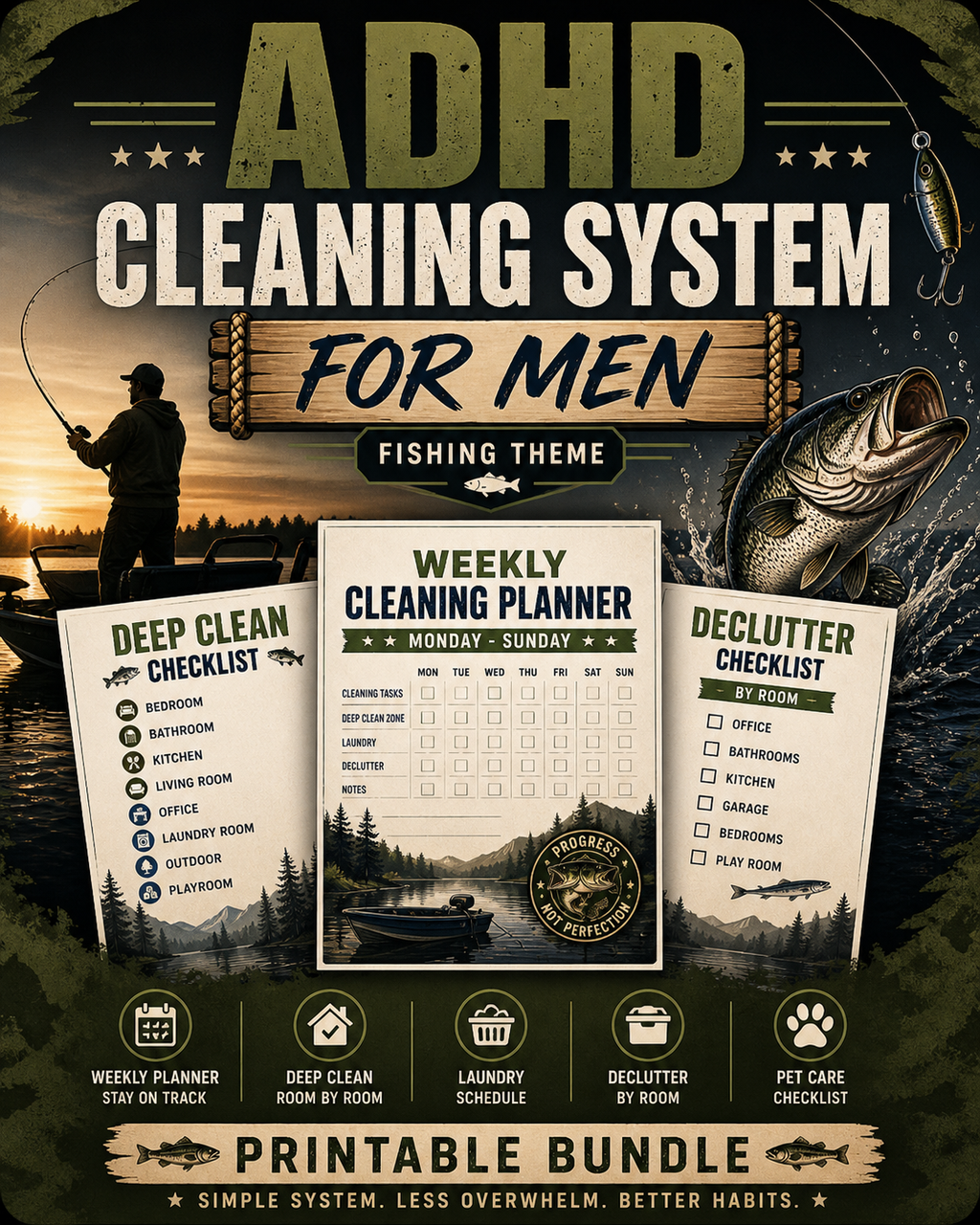 ADHD Cleaning Planner for Men | Fishing Theme Cleaning Checklist Bundle | Deep Clean System | Printable Home Reset Planner | Minimal Effort System