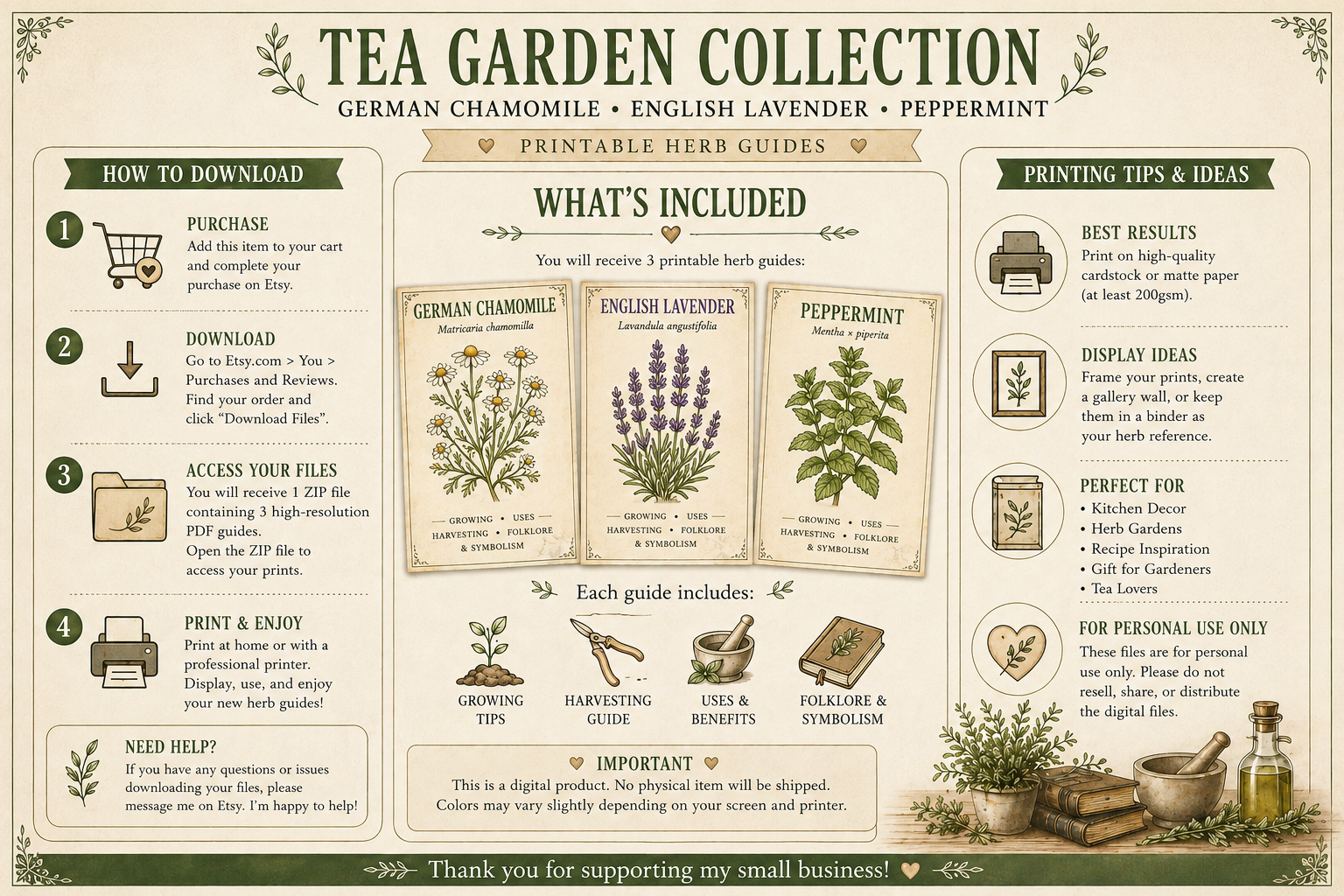 Tea Garden Collection Printable Herb Guides | Chamomile, Lavender & Peppermint | Cottagecore Herbal Reference Library