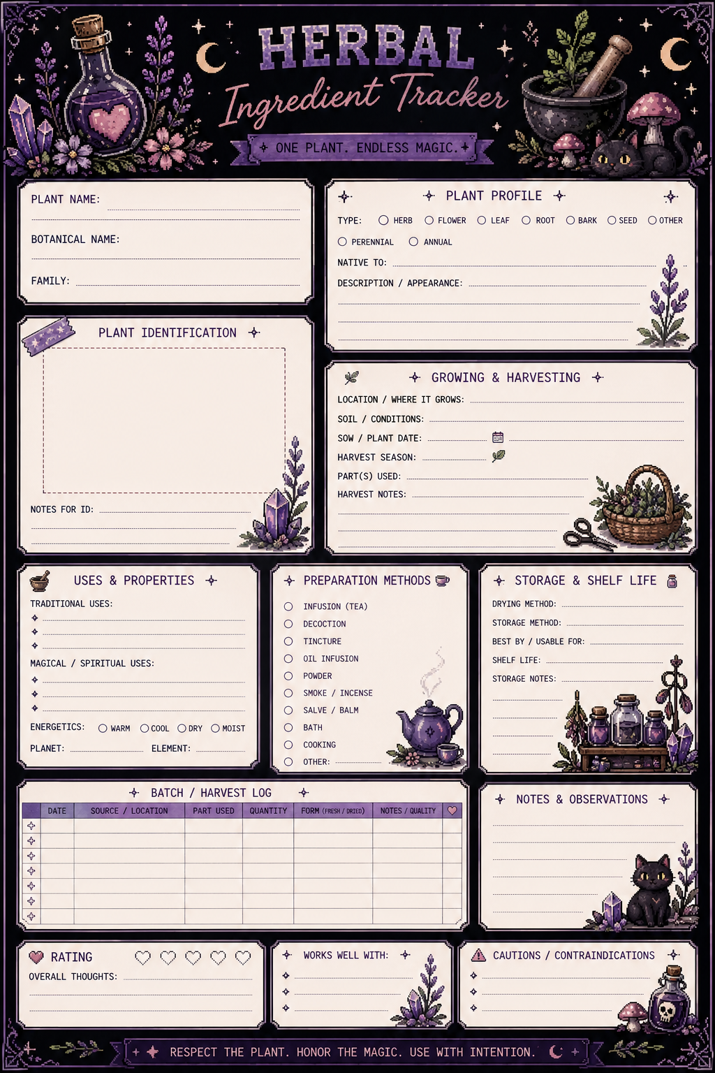 Witchy Gamer Herbal Planner Bundle | Magical Self-Care Printable | Herbal Daily Tracker | Wellness Journal | Cozy Pixel Goth Planner