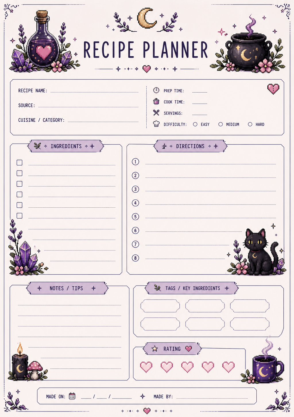 Witchy Gamer Herbal Planner Bundle | Magical Self-Care Printable | Herbal Daily Tracker | Wellness Journal | Cozy Pixel Goth Planner