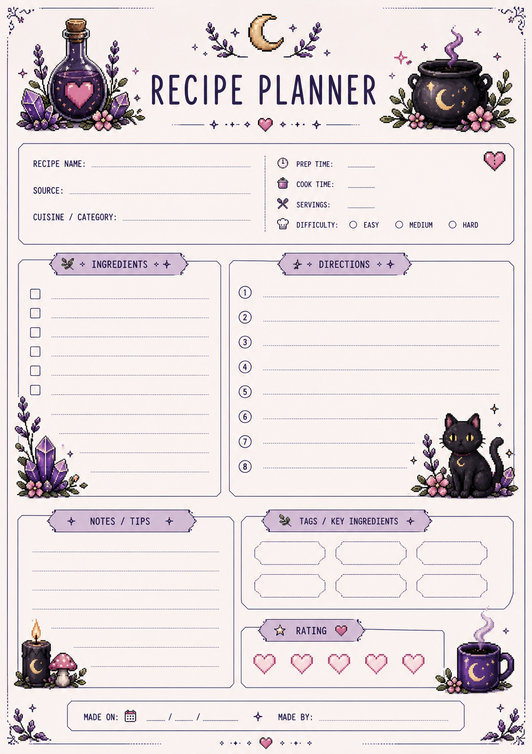 Witchy Gamer Herbal Planner Bundle | Magical Self-Care Printable | Herbal Daily Tracker | Wellness Journal | Cozy Pixel Goth Planner