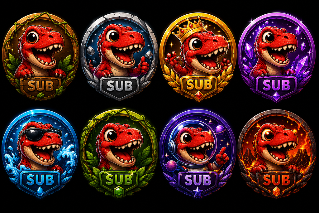Red Tyrannosaurus Rex Stream Overlay Package | Kawaii Dino Emotes, Sub Badges (Digital Download)