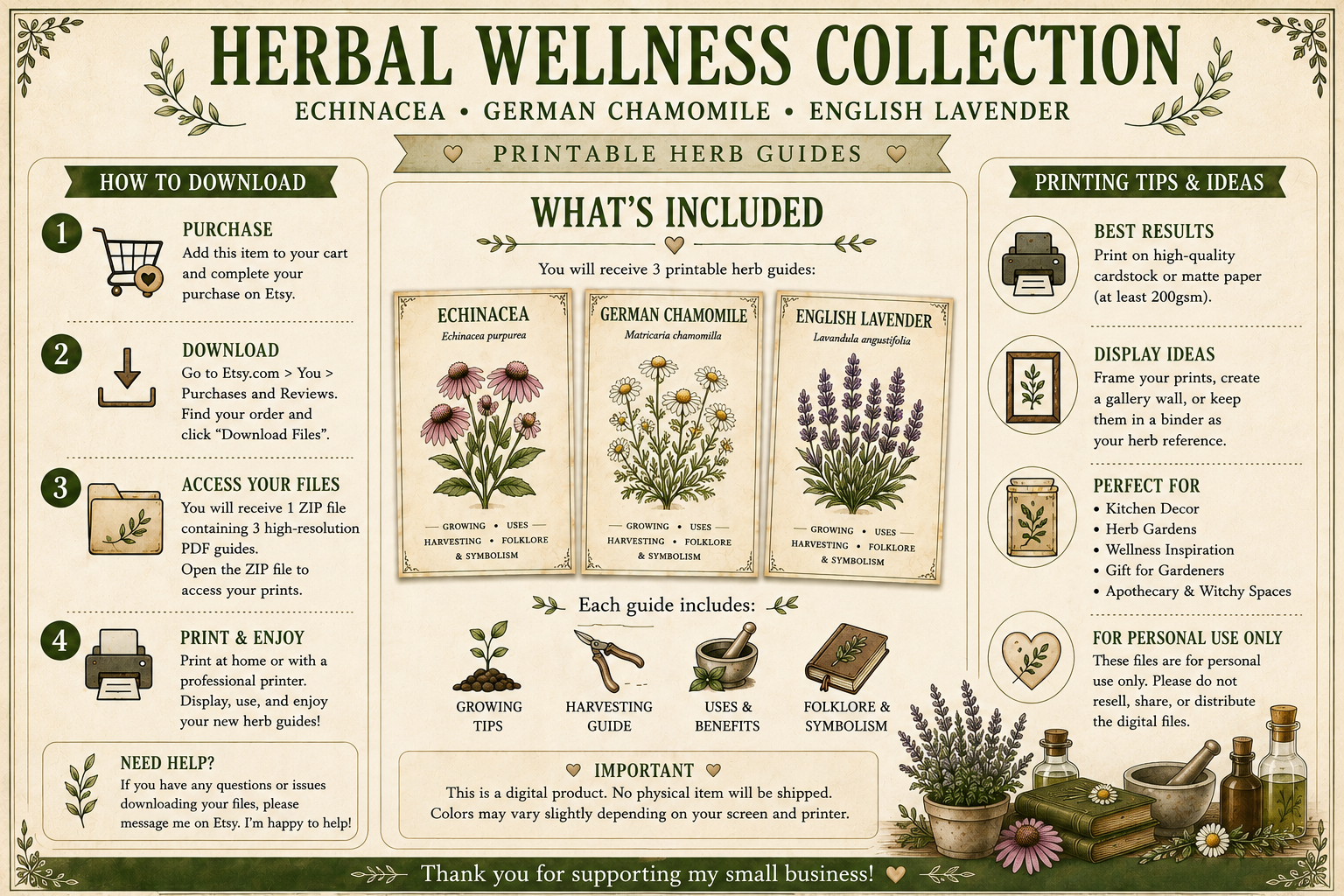 Herbal Wellness Collection | Echinacea, Chamomile & Lavender | Botanical Wellness Guide Bundle