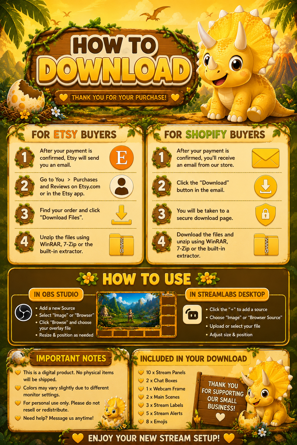 Triceratops Stream Overlay Package, Yellow Dinosaur Graphics, Webcam Frame (Digital Download)