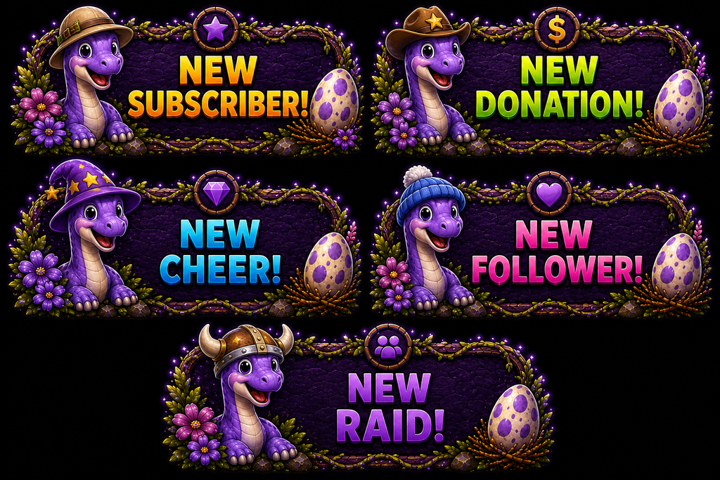 Purple Brontosaurus Stream Overlay Package | Kawaii Dino Emotes, Sub Badges (Digital Download)