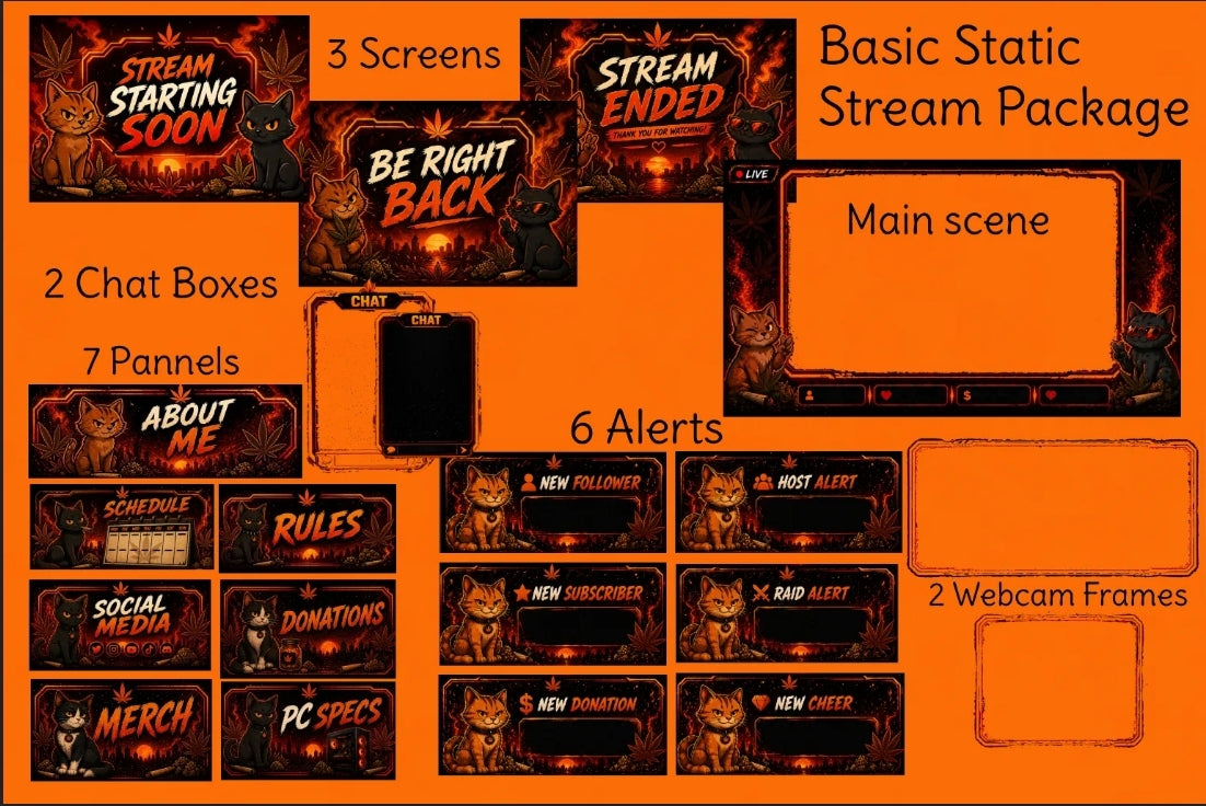 Orange Cat Stream Overlay Package: Twitch, Kick Screens, Alerts (Digital Download)