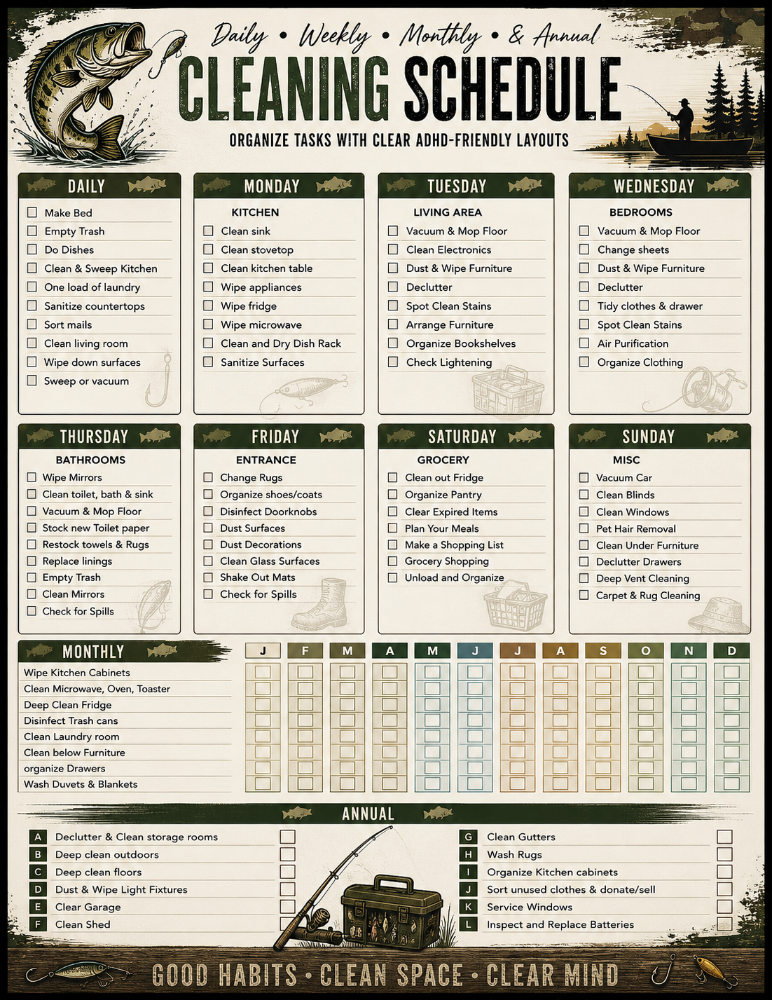 ADHD Cleaning Planner for Men | Fishing Theme Cleaning Checklist Bundle | Deep Clean System | Printable Home Reset Planner | Minimal Effort System