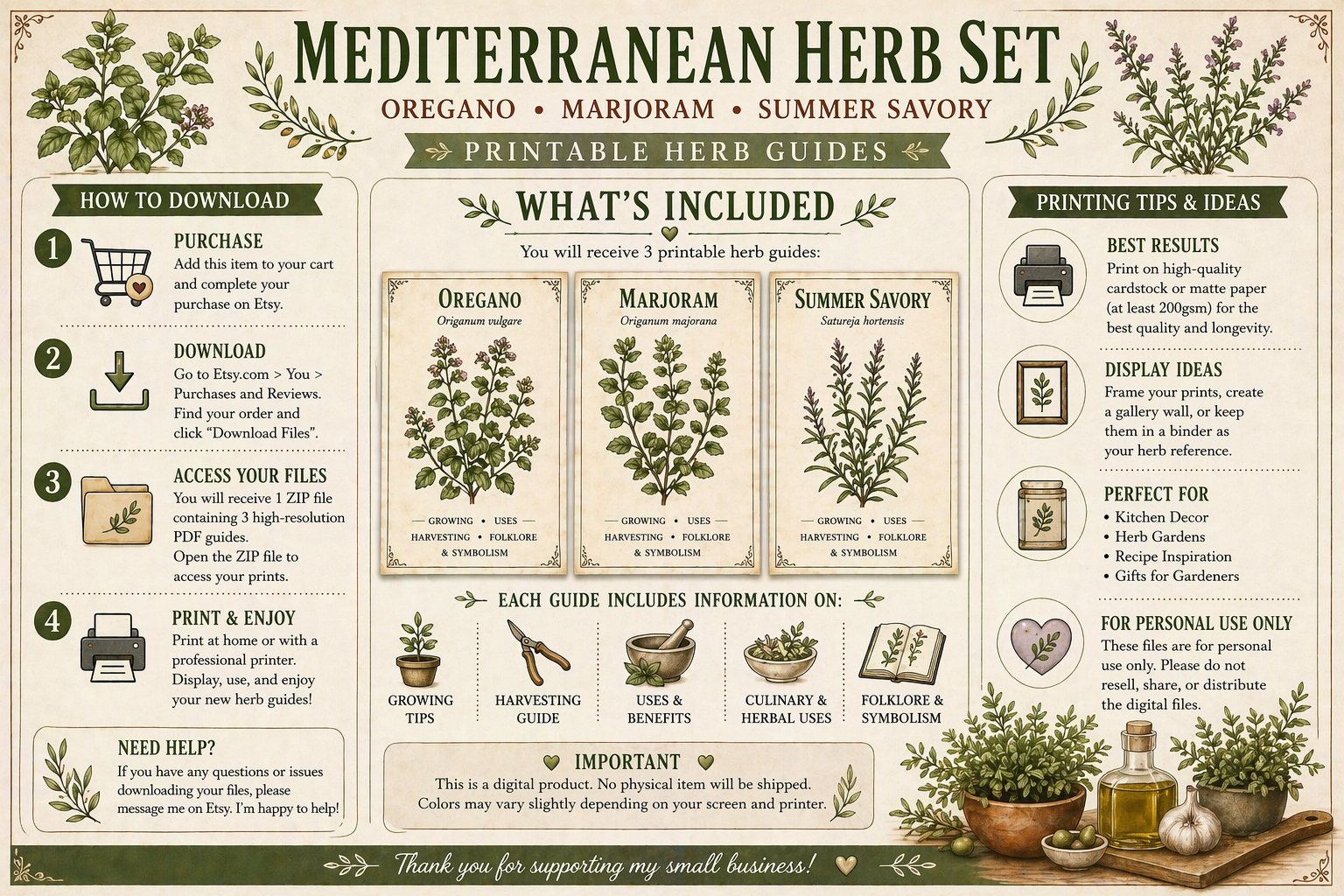 Mediterranean Herb Prints • Oregano, Marjoram, Savory Botanical Art (Instant Download)