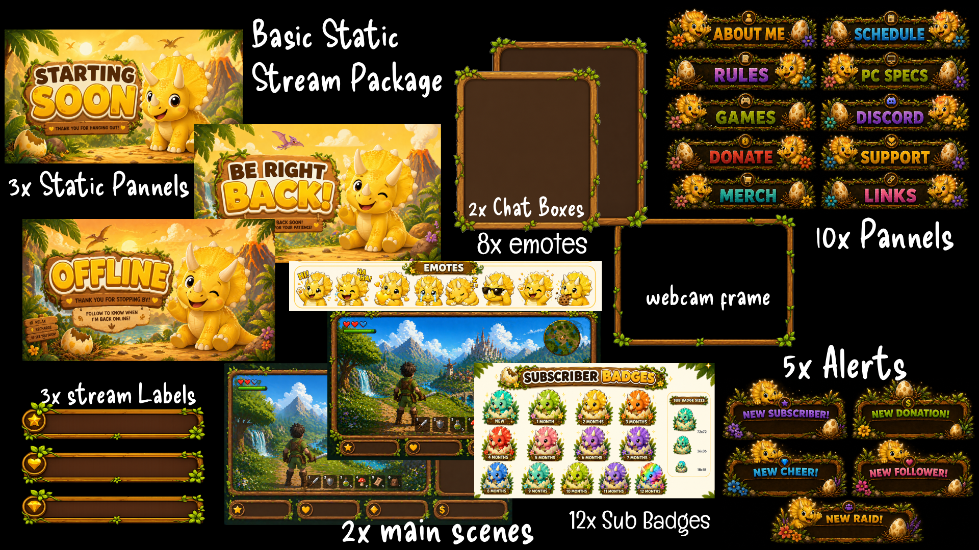 Triceratops Stream Overlay Package, Yellow Dinosaur Graphics, Webcam Frame (Digital Download)
