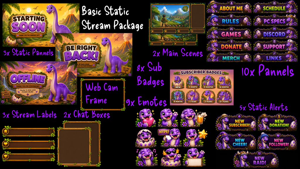 Purple Brontosaurus Stream Overlay Package | Kawaii Dino Emotes, Sub Badges (Digital Download)