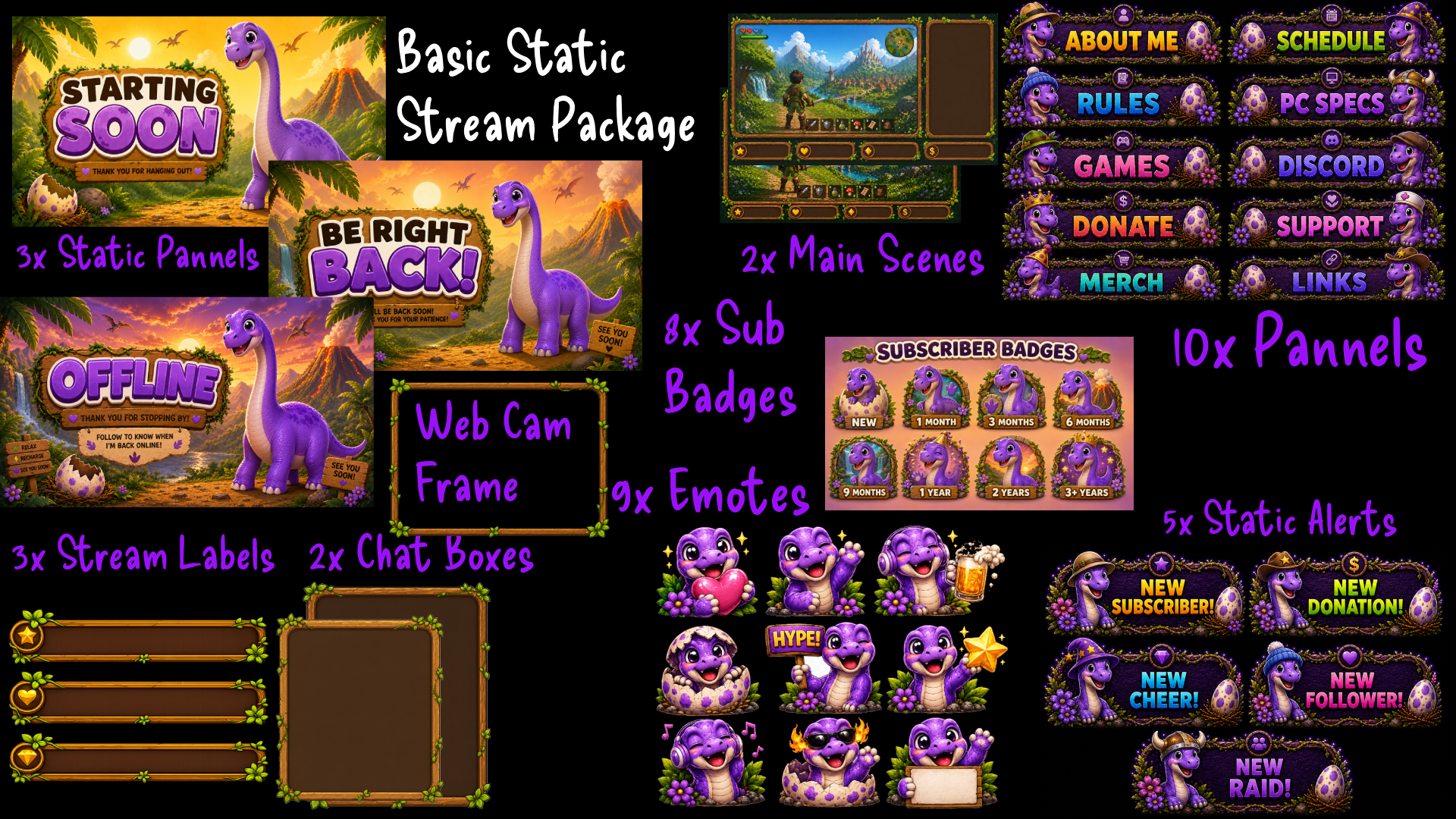Purple Brontosaurus Stream Overlay Package | Kawaii Dino Emotes, Sub Badges (Digital Download)