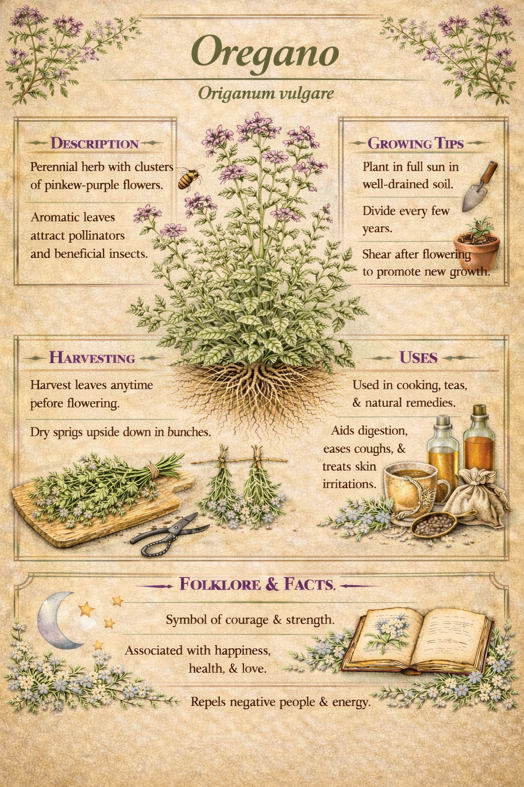 Mediterranean Herb Prints • Oregano, Marjoram, Savory Botanical Art (Instant Download)