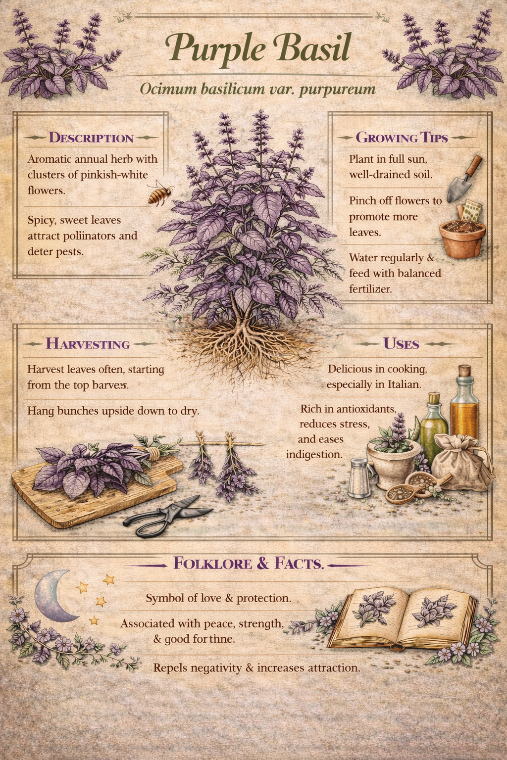 Basil Herb Guide Print Set • Italian, Thai, Purple Botanical Art (Instant Download)