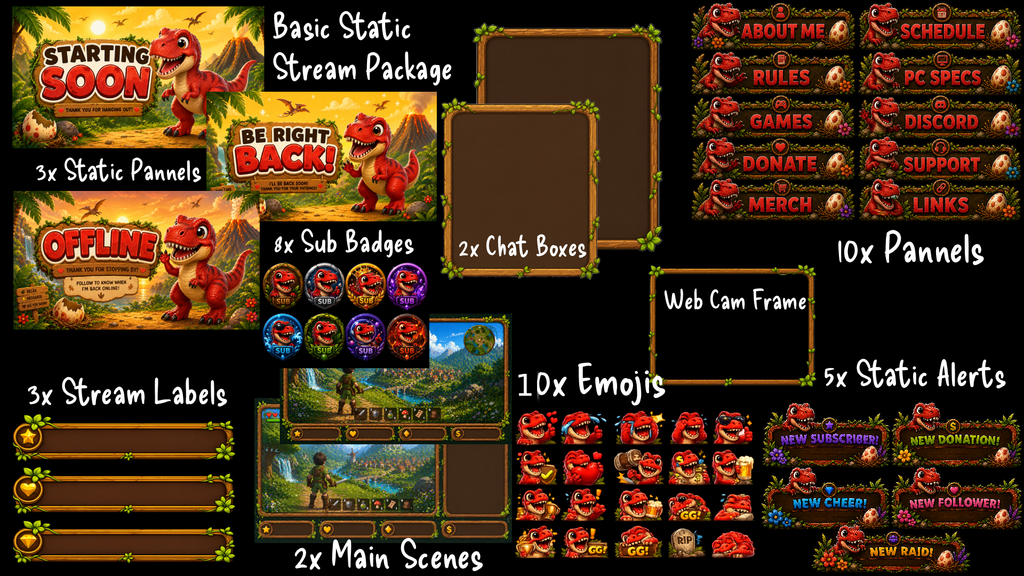 Red Tyrannosaurus Rex Stream Overlay Package | Kawaii Dino Emotes, Sub Badges (Digital Download)