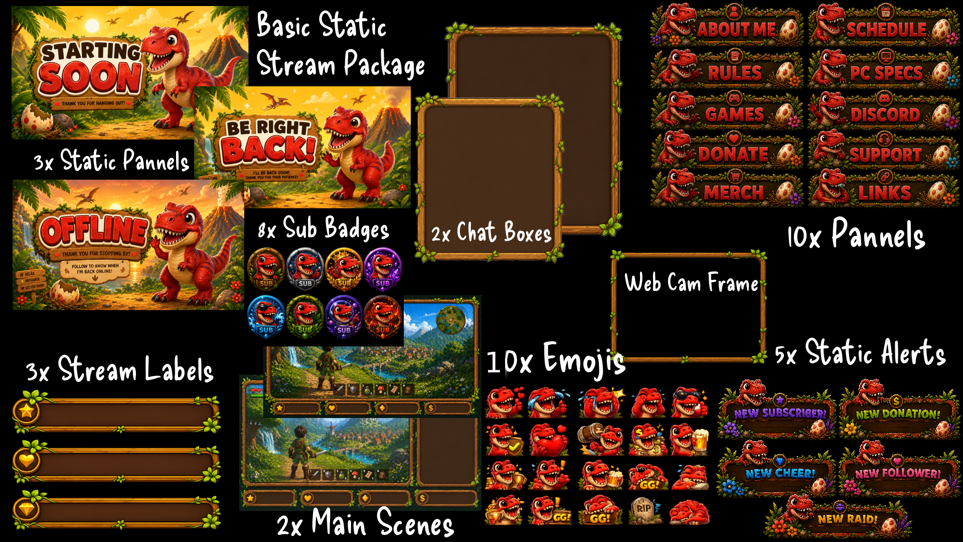 Red Tyrannosaurus Rex Stream Overlay Package | Kawaii Dino Emotes, Sub Badges (Digital Download)