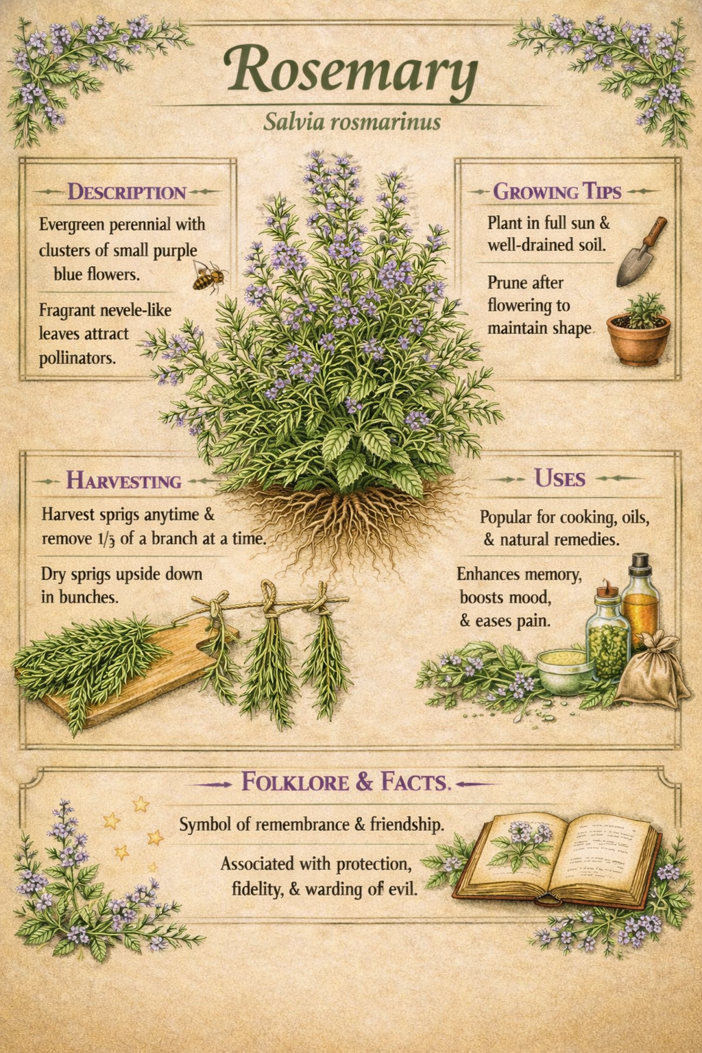 Kitchen Herb Prints • Cilantro, Rosemary, Thyme Botanical Wall Art (Digital Download)