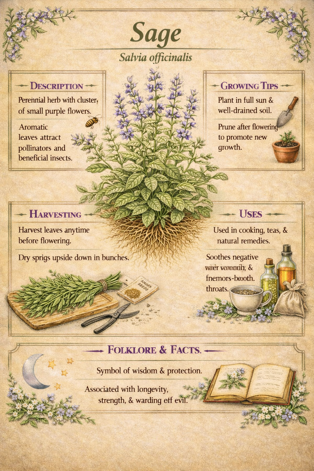 Medicinal Herb Printable Set • Lemon Balm, Sage, Yarrow • Apothecary Wall Art (Instant Download)
