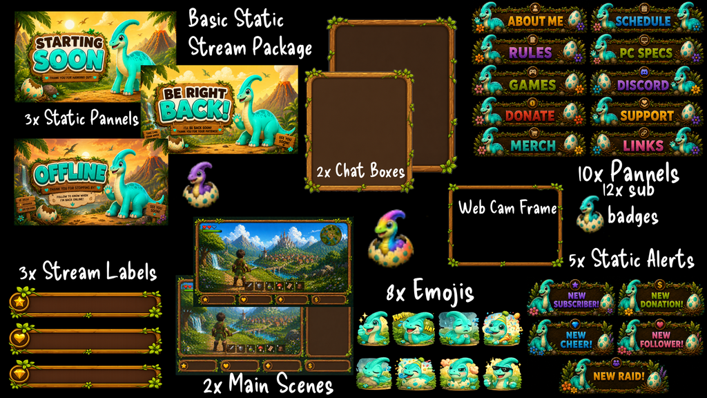 Teal Brachiosaurus Twitch Overlay Package | Emotes & Sub Badges | Cozy Stream Bundle | Kawaii Dinosaur Stream Graphics