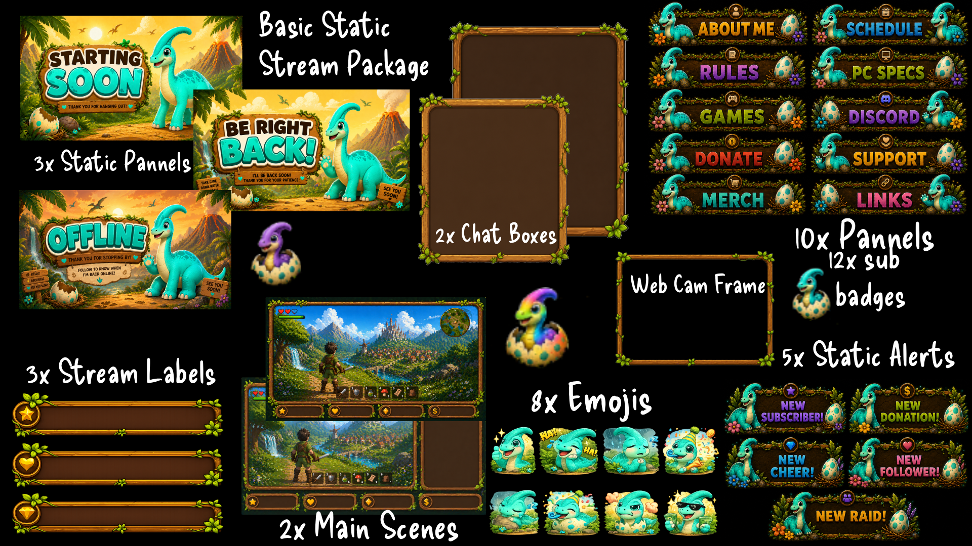Teal Brachiosaurus Twitch Overlay Package | Emotes & Sub Badges | Cozy Stream Bundle | Kawaii Dinosaur Stream Graphics