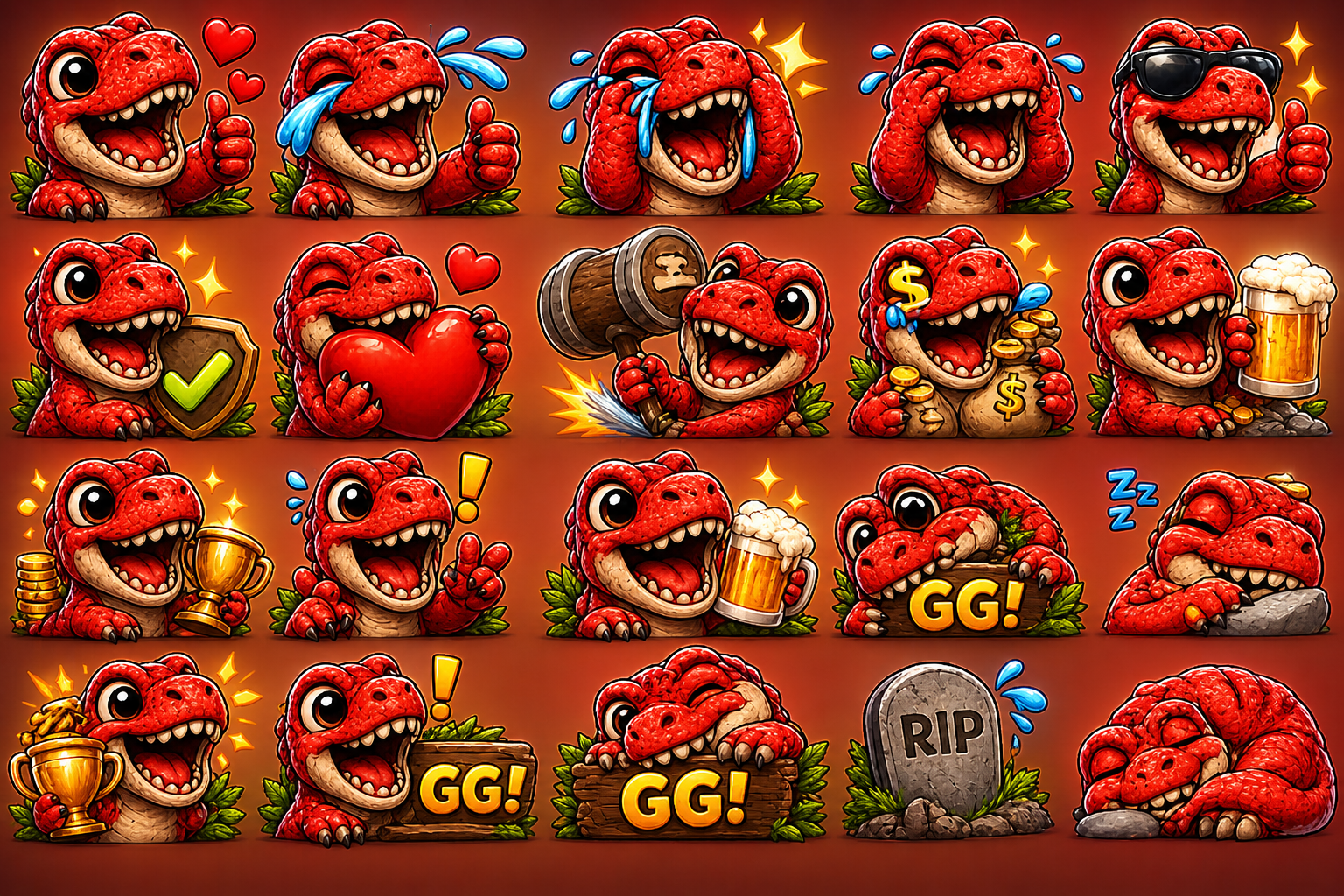 Red Tyrannosaurus Rex Stream Overlay Package | Kawaii Dino Emotes, Sub Badges (Digital Download)
