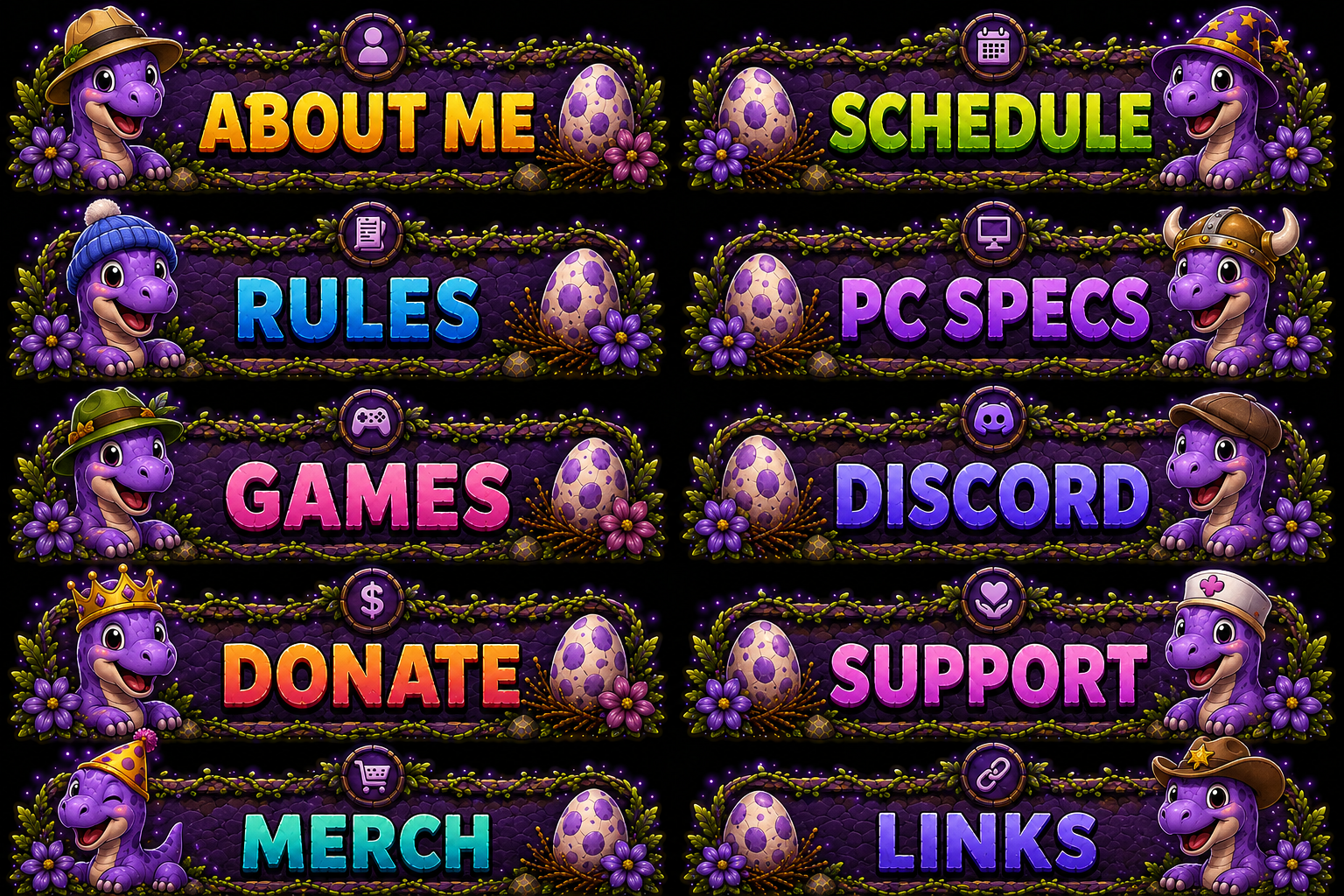 Purple Brontosaurus Stream Overlay Package | Kawaii Dino Emotes, Sub Badges (Digital Download)