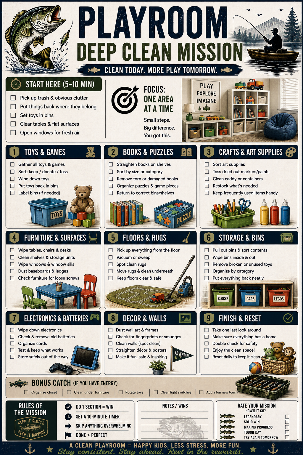 ADHD Cleaning Planner for Men | Fishing Theme Cleaning Checklist Bundle | Deep Clean System | Printable Home Reset Planner | Minimal Effort System