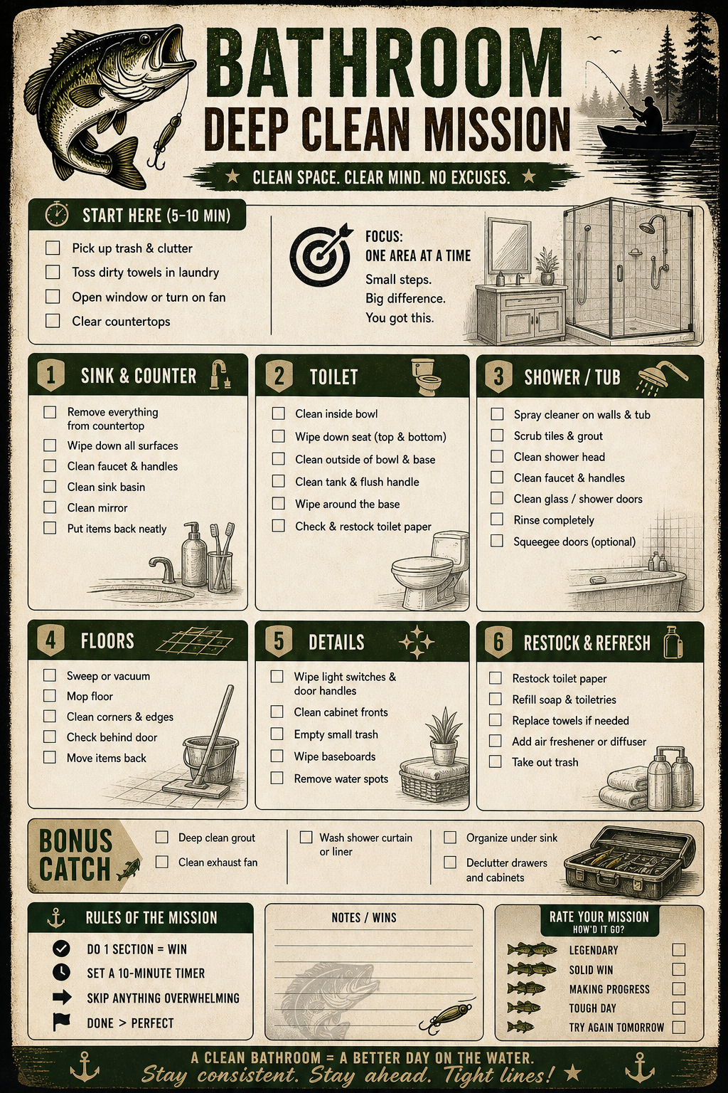ADHD Cleaning Planner for Men | Fishing Theme Cleaning Checklist Bundle | Deep Clean System | Printable Home Reset Planner | Minimal Effort System