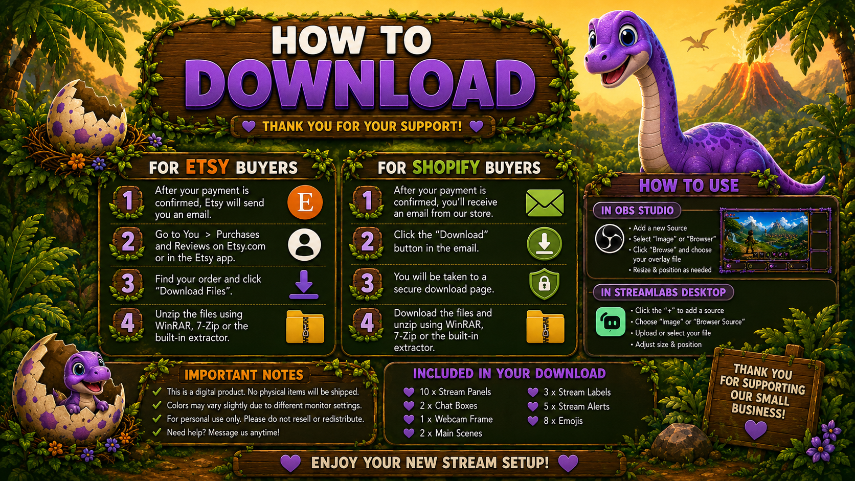 Purple Brontosaurus Stream Overlay Package | Kawaii Dino Emotes, Sub Badges (Digital Download)