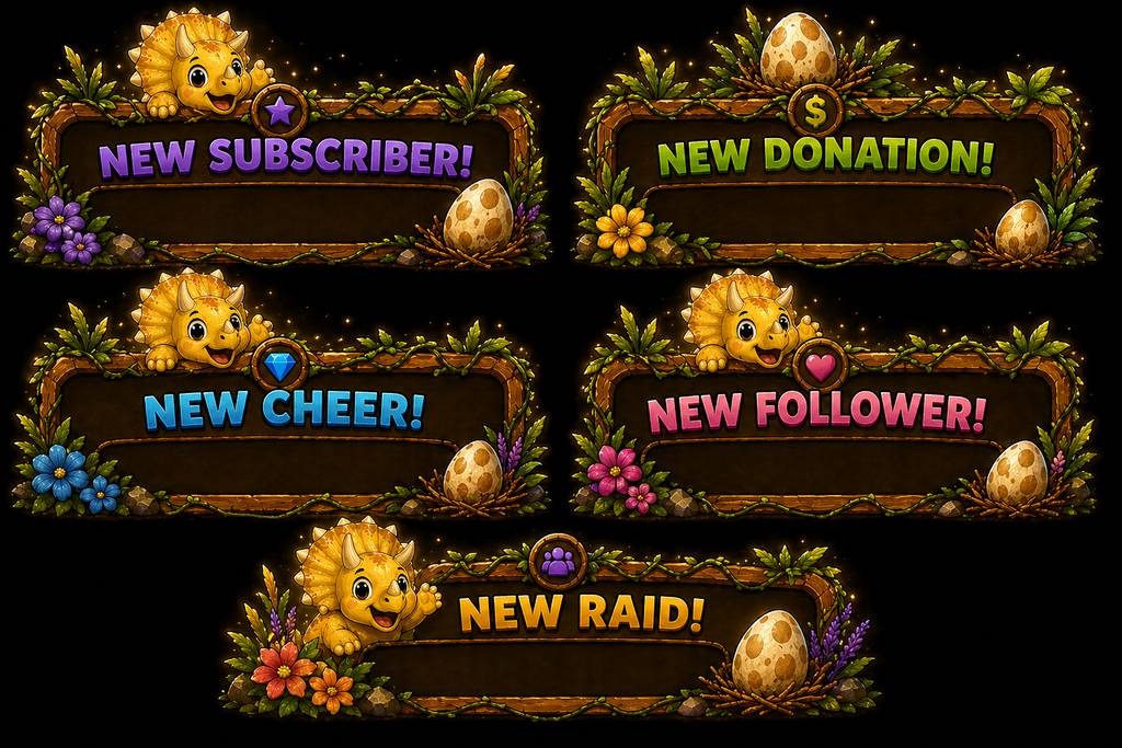 Triceratops Stream Overlay Package, Yellow Dinosaur Graphics, Webcam Frame (Digital Download)