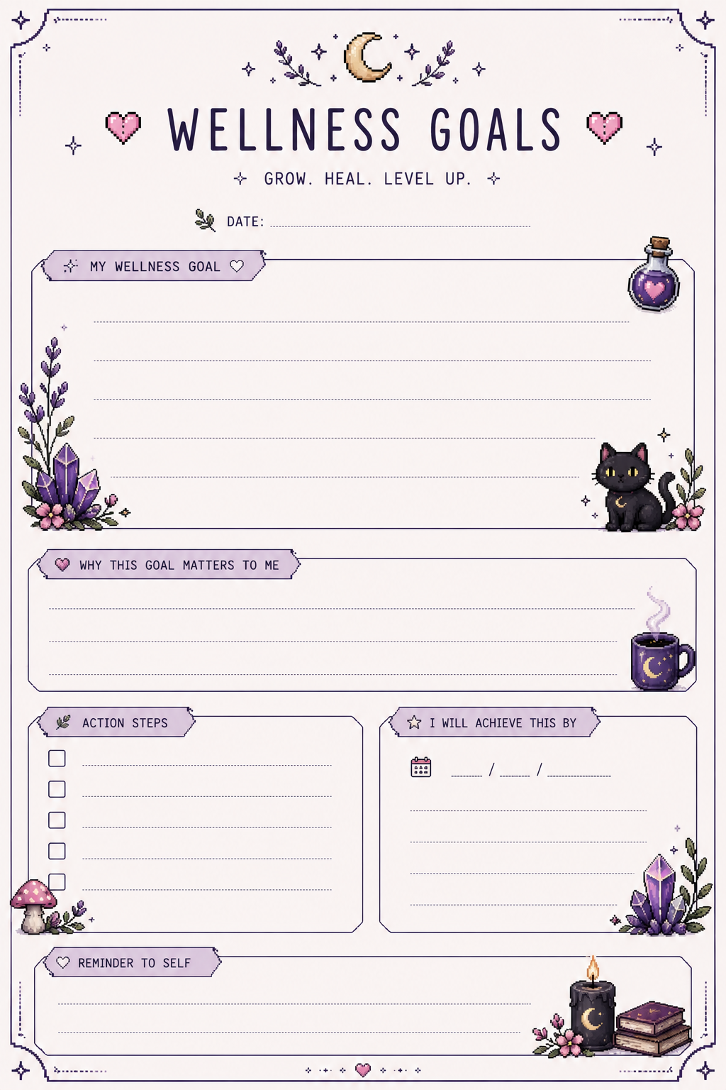 Witchy Gamer Herbal Planner Bundle | Magical Self-Care Printable | Herbal Daily Tracker | Wellness Journal | Cozy Pixel Goth Planner