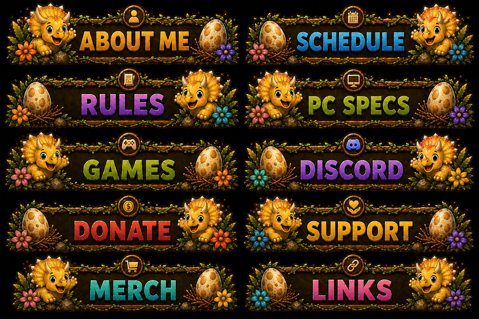 Triceratops Stream Overlay Package, Yellow Dinosaur Graphics, Webcam Frame (Digital Download)