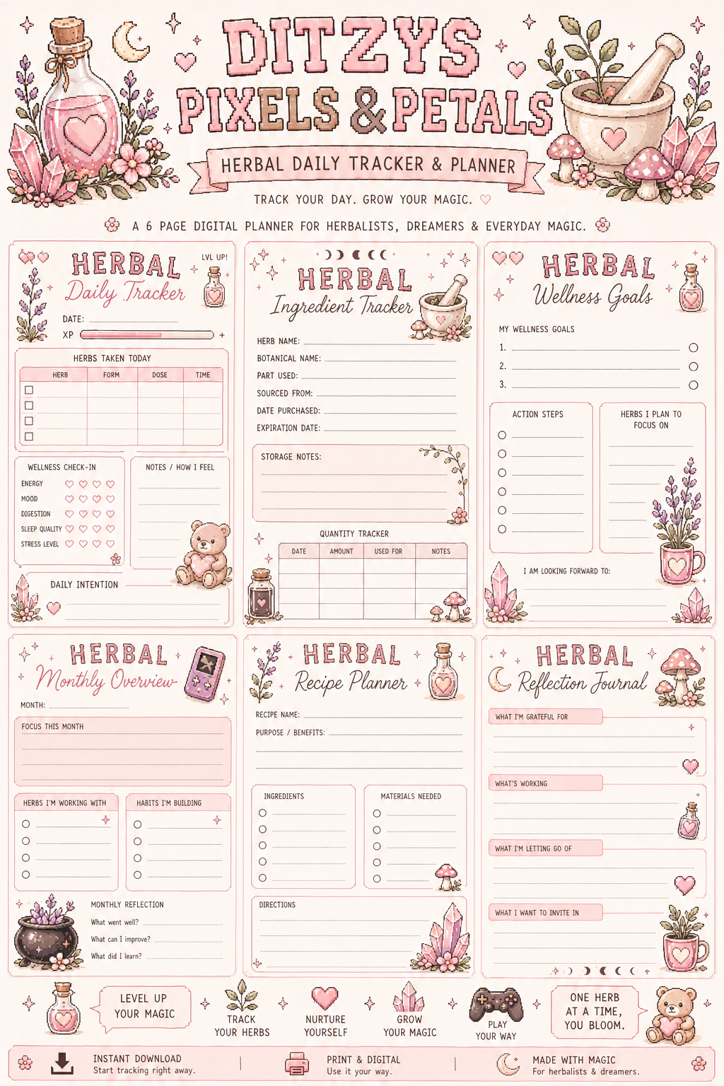 Pastel Herbal Wellness Planner Bundle | Cute Cottagecore Self-Care Journal | Printable Daily Tracker | Wellness & Reflection Pages
