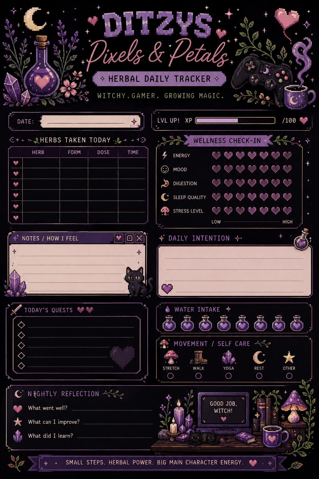 Witchy Gamer Herbal Planner Bundle | Magical Self-Care Printable | Herbal Daily Tracker | Wellness Journal | Cozy Pixel Goth Planner