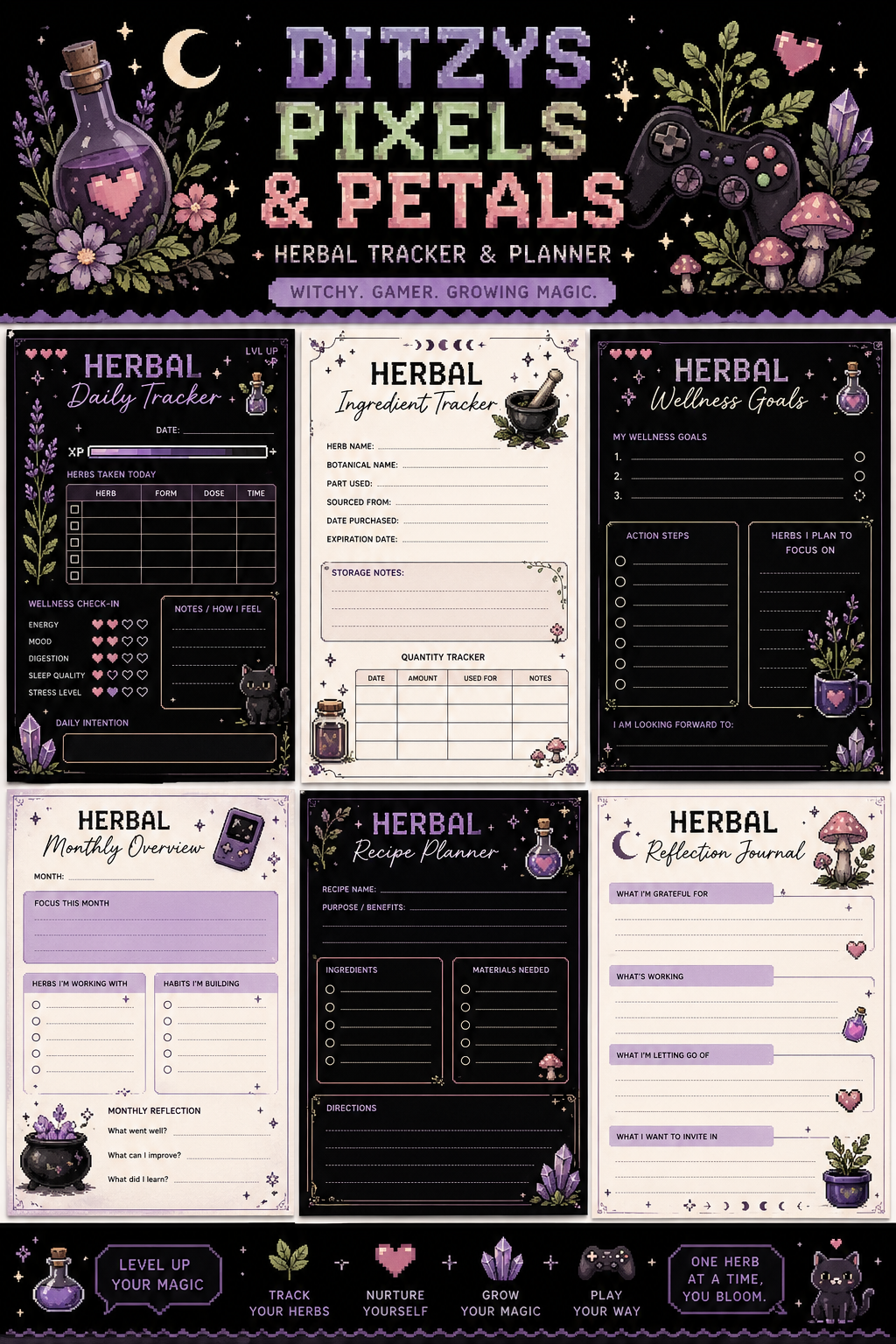 Witchy Gamer Herbal Planner Bundle | Magical Self-Care Printable | Herbal Daily Tracker | Wellness Journal | Cozy Pixel Goth Planner