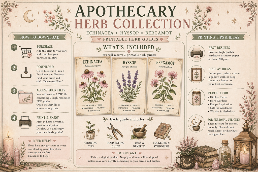 Apothecary Herb Collection | Hyssop, Echinacea & Bergamot | Herbal Reference Printable Bundle
