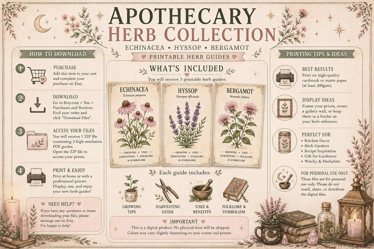 Apothecary Herb Collection | Hyssop, Echinacea & Bergamot | Herbal Reference Printable Bundle